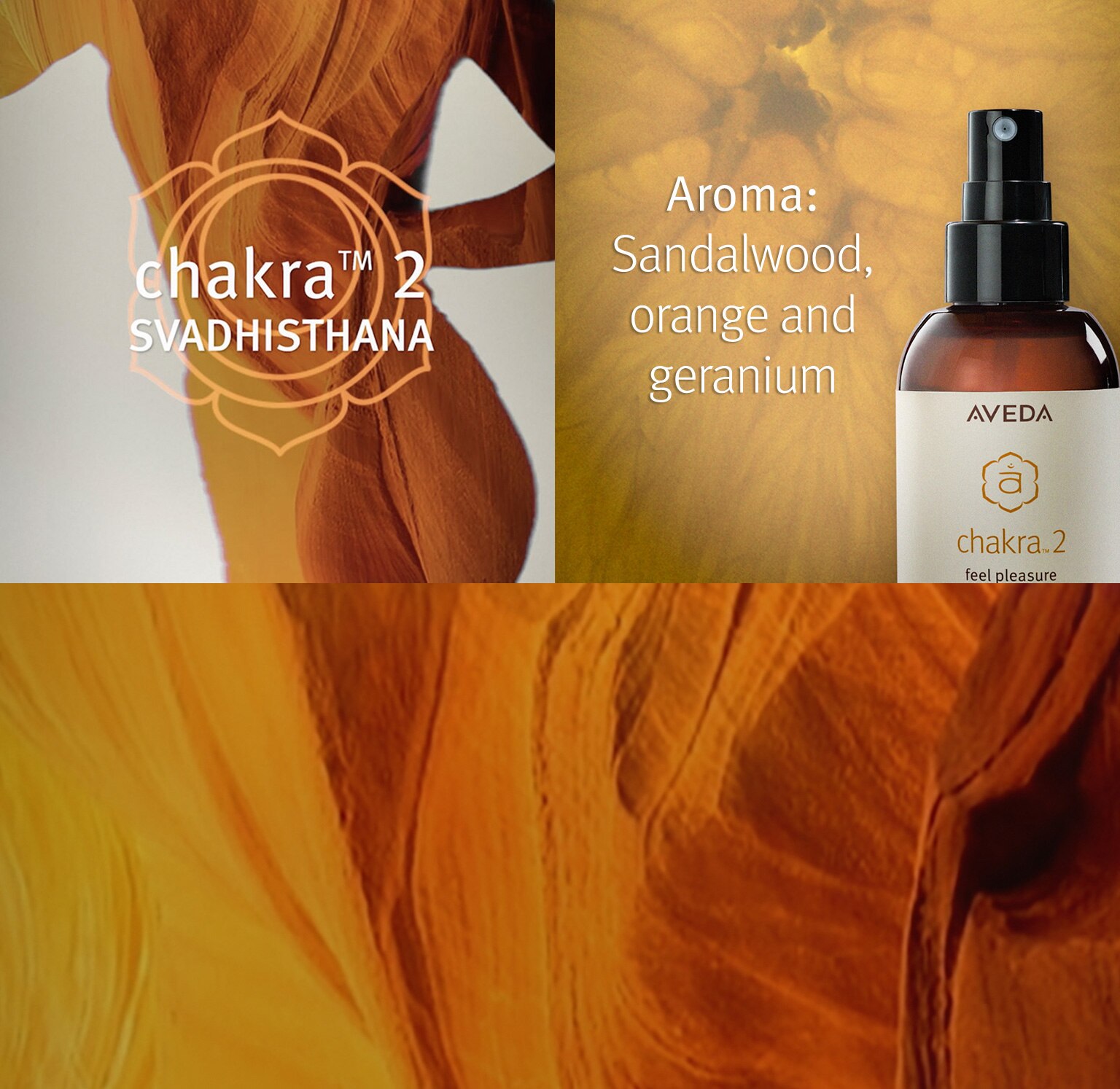 Chakra 2 aroma includes saldalwood, orange and geranium